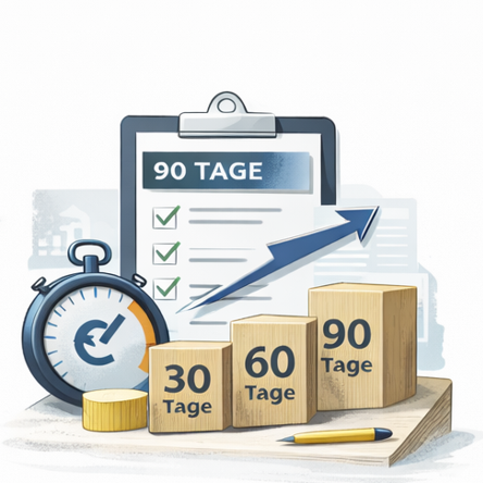Abstraktes Symbolbild für einen strukturierten 90-Tage-Plan mit Prioritäten, Maßnahmen und klarer Umsetzung im Einkauf